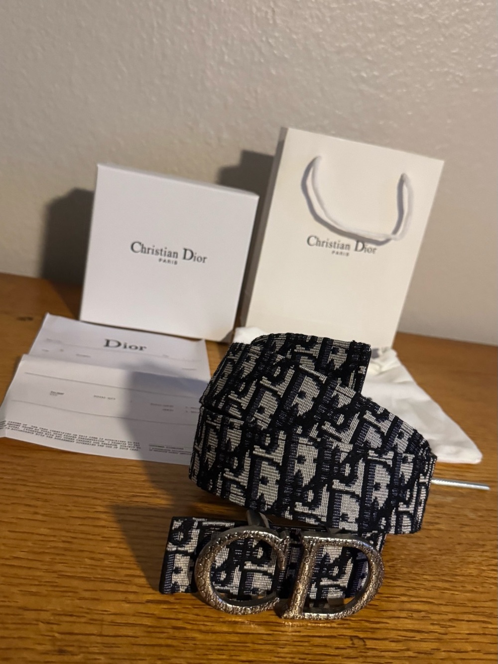 Dior Navy and Cream Oblique Reversible Belt with Textured CD Buckle